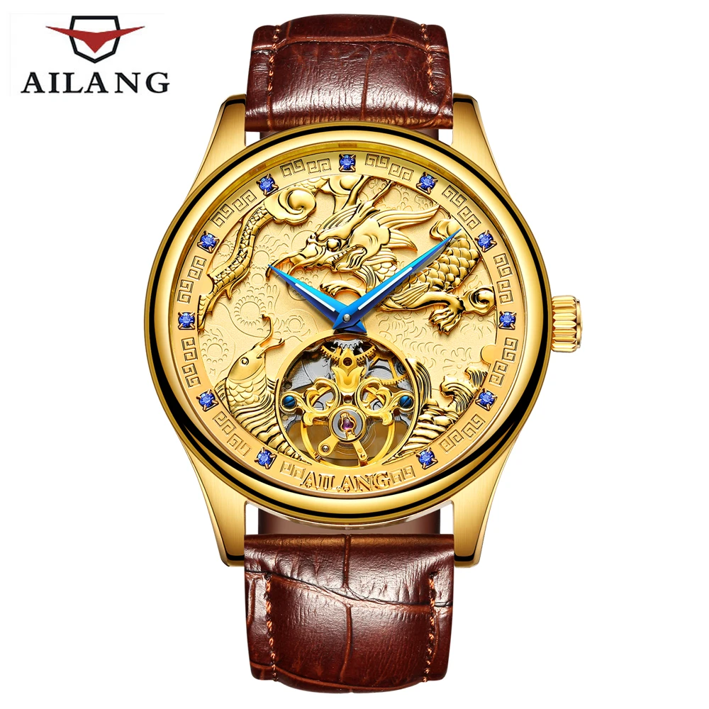 

AILANG Top men's luxury brand watch gold plated mechanical gear watches expensive leather strap dragon horse clock Chinese style