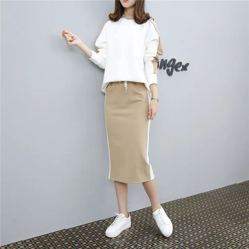 Women's 2 Piece Set Elegant Sporting Casual Side Striped Casual Pullover Top Elastic Waist Skirt Suit Plus Size Hots S87702F - Цвет: Khaki
