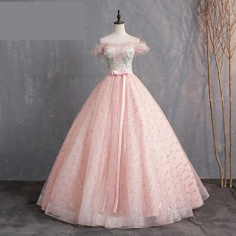

Pink Off Shoulder Ball Gown Tulle Dress For Sweet 16 Embroidery Puffy Dress Lace Appliques Sequins Quinceanera Dresses