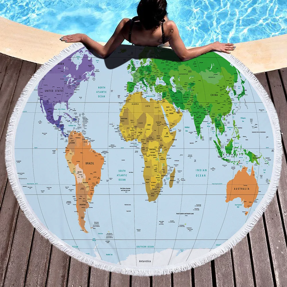 150cm World Map Printed Large Round Beach Towel Microfiber With Tassels Thick Terry Cloth Towels Serviette De Plage | Дом и сад