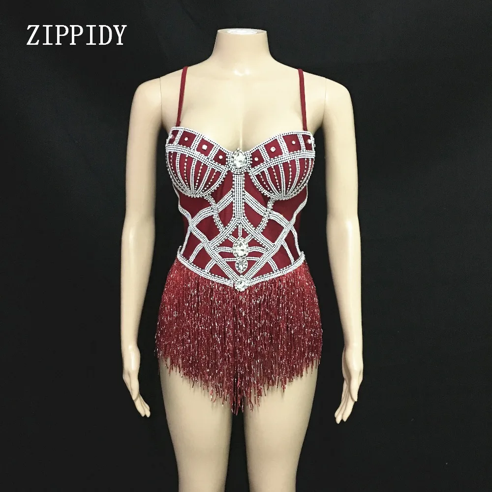 2019 Shining Crystals Red Tassels Bodysuit Sparkly Stage Dance Performance Outfit Nightclub Birthday Wear Show Clothes