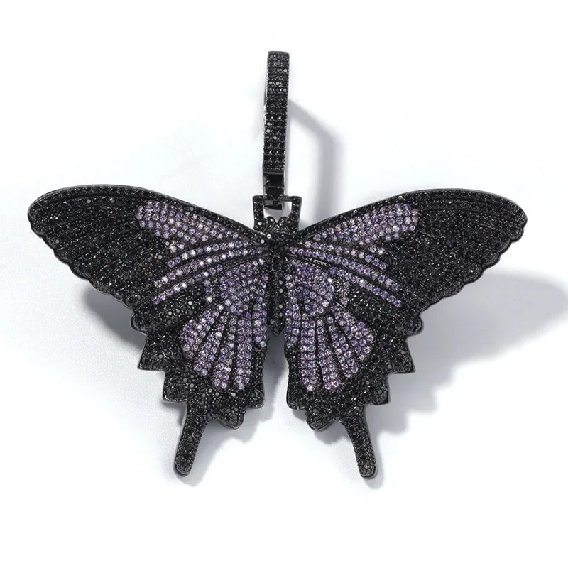 black Хип хоп микро проложить AAA кубического циркония Bling льдом из животных Бабочка подвески ожерелья для мужчин рэппер ювелирные изделия золото серебро черный - Окраска металла: black