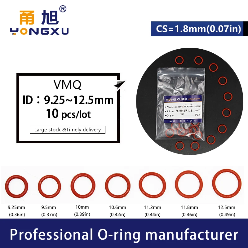 10 шт./лот красный Силиконовое кольцо VMQ уплотнительное CS1.8mm ID9.25/9 5/10/10.6/11.2/11.8/12.5*1 8