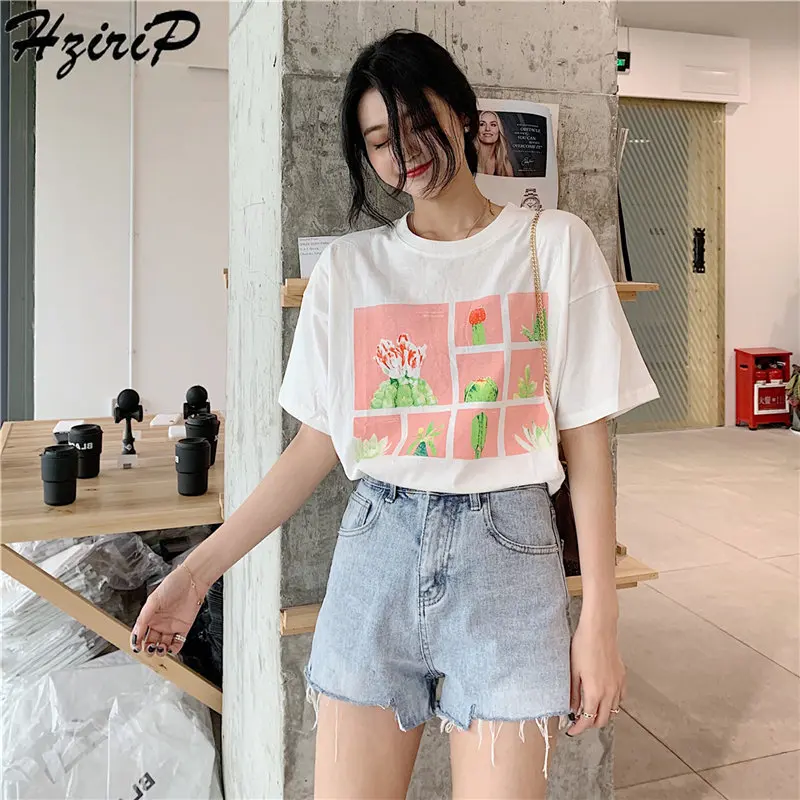 Женская футболка Hzirip белая Базовая Универсальная с коротким рукавом и принтом