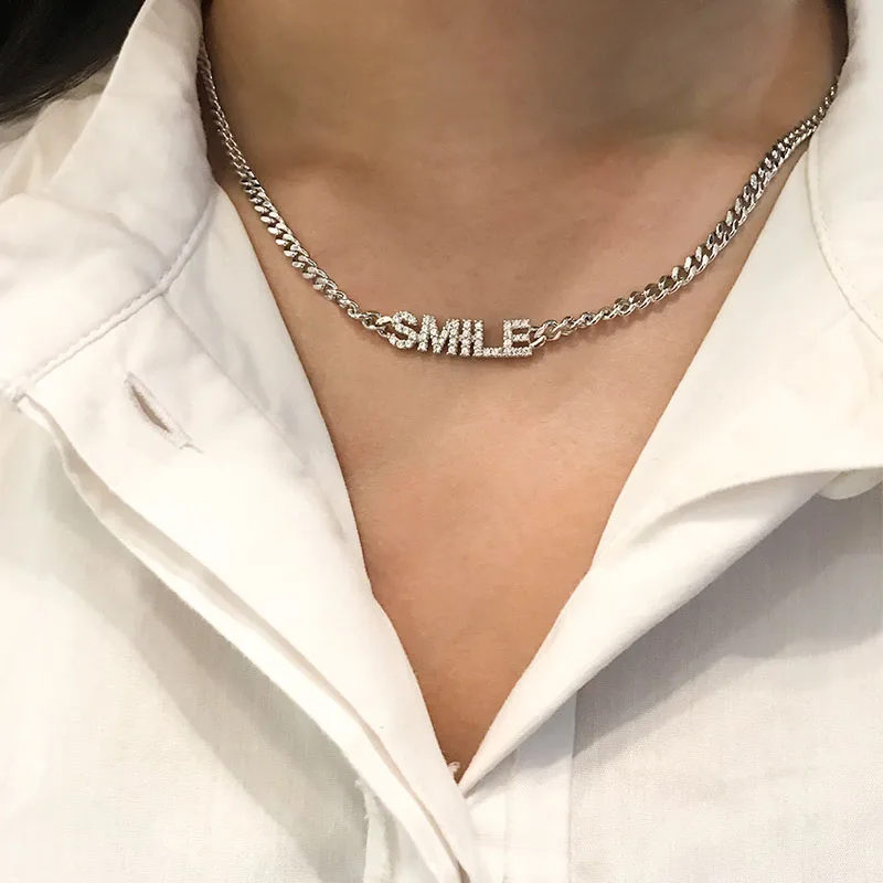 Цепочка SLJELY с надписью SMILE Женская чокер из серебра 925 пробы кубическим цирконием