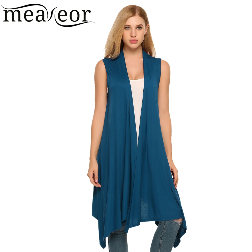 Meaneor Women Vest Sleeveless Cardigan Casual Draped Asymetric Hem Open Front Solid Black Feminino Long Sweater Coat |