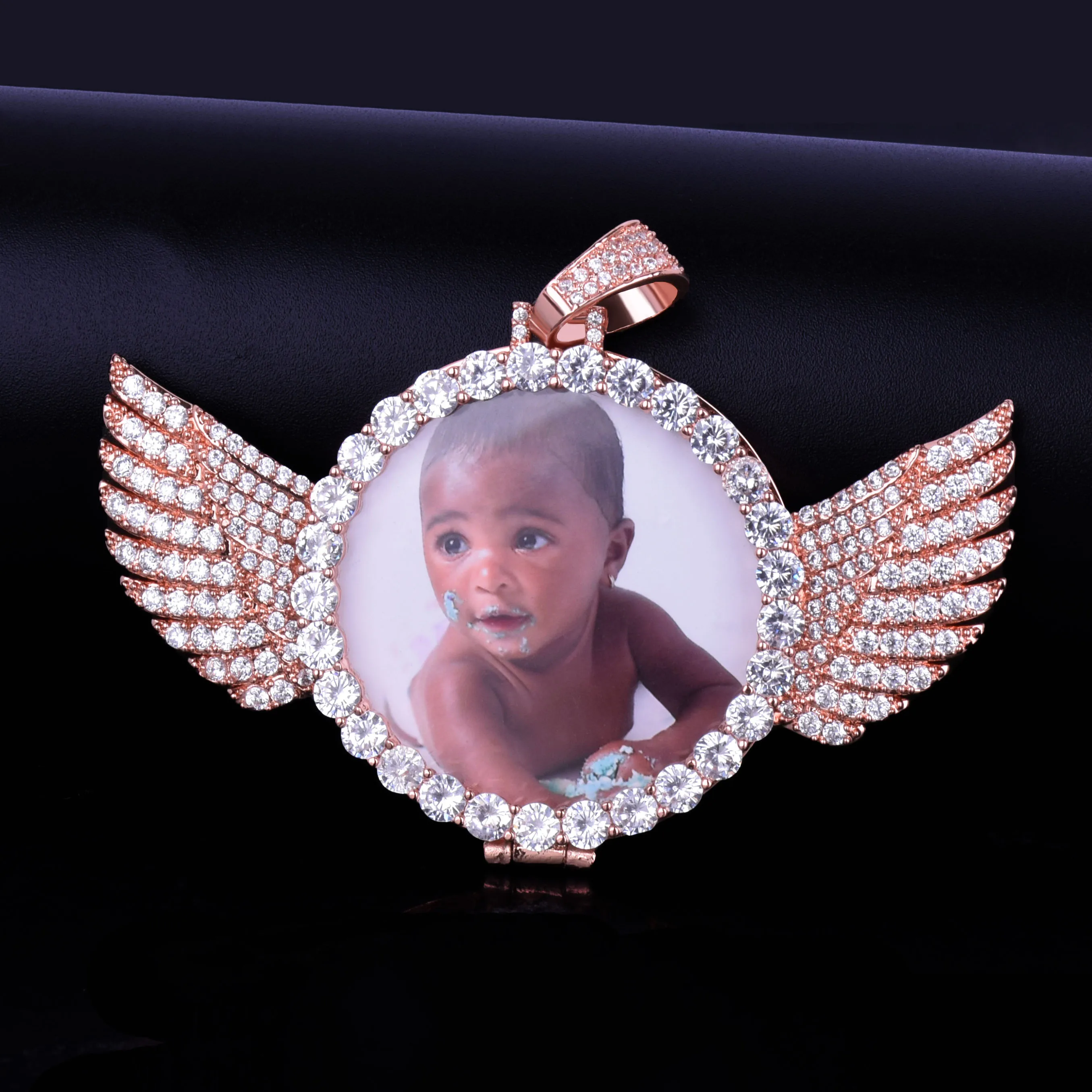 Bubble Letter Custom Photo Necklace for Men Picture Projection Pendant Angel Wing Medallion Real Gold Plated Hip Hop Jewelry images - 6