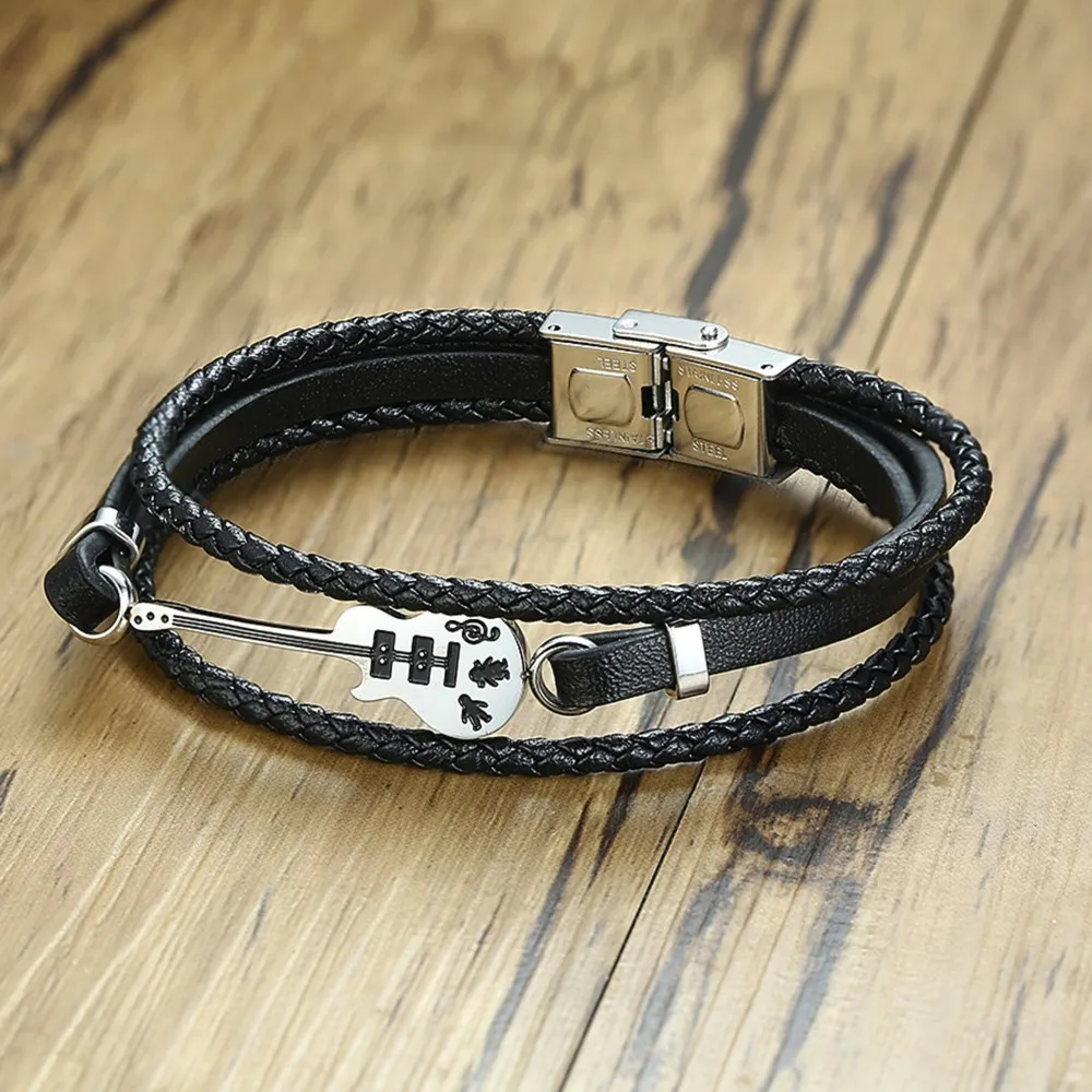 Мужской браслет гитара черный тройной Тканый кожаный музыкальная училка или