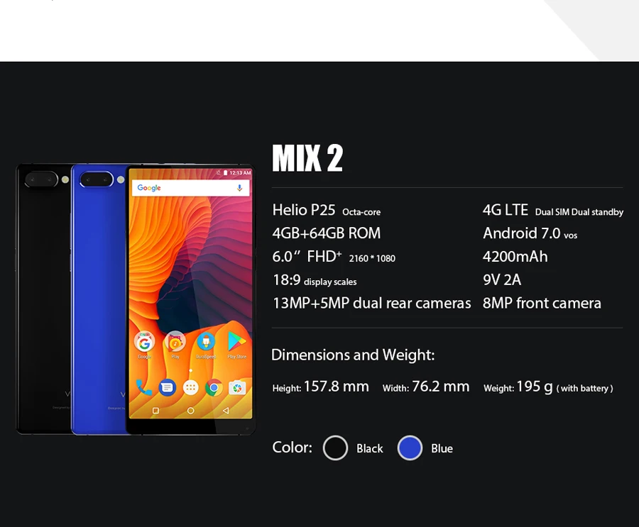 Vernee Mix 2, мобильный телефон, 4 Гб ОЗУ, 64 Гб ПЗУ, Восьмиядерный процессор MTK6757, 6,0 дюймов, 18:9 дисплей, 13,0 МП, Android 7,0, смартфон, двойная задняя камера