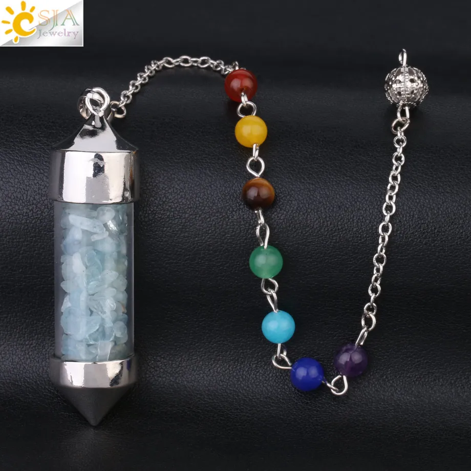 Aquamarine CSJA Новое поступление 7 Чакра Желая бутылка маятник рейки натуральный чип камень кулон ожерелье для женщин мужчин гадания амулет F976 - Окраска металла: Aquamarine