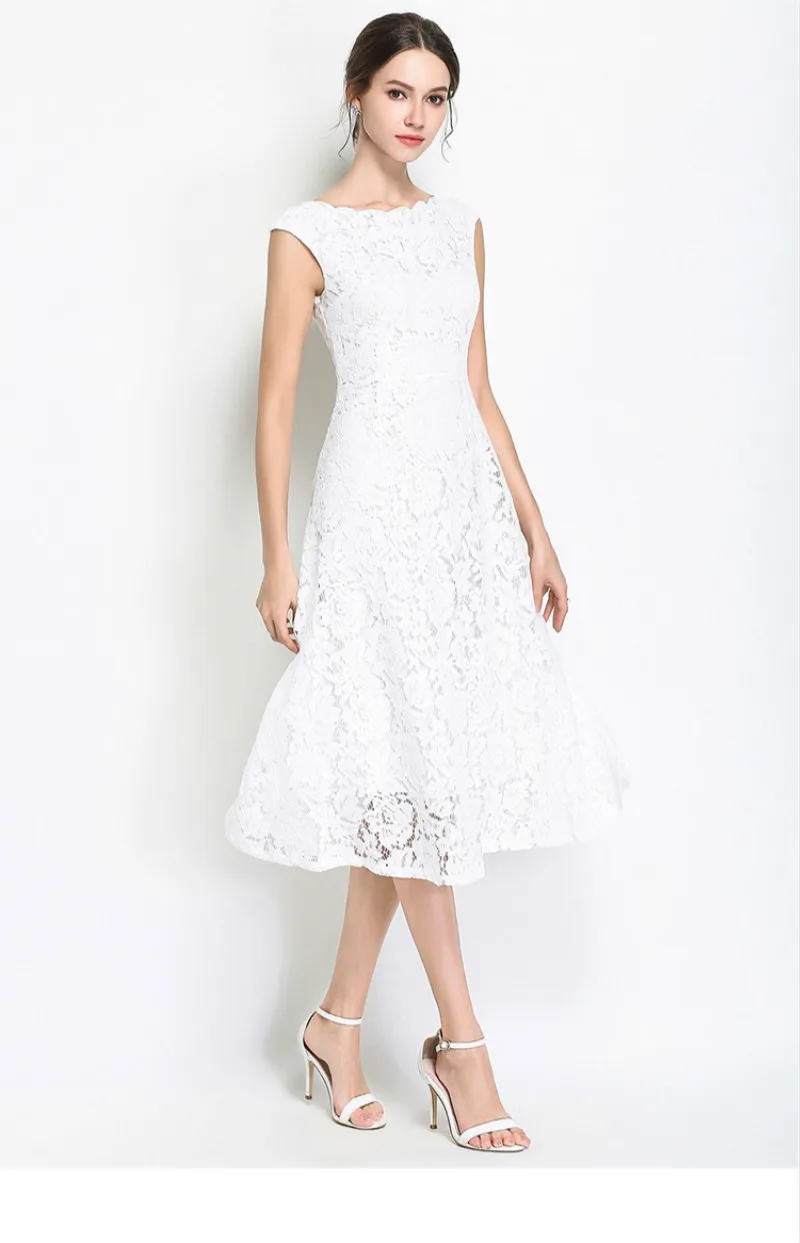 2018 New Summer Fashion Women's Clothing Ruffles Slash Neck Sleeveless Dress Solid Color Vintage Long Lace Dresses Female | Женская