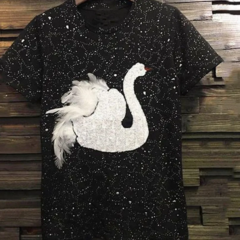 

Women Casual Short Sleeves Swan shirts Ladies Sequins Basic Tops Female Tee Plus Size XL New Arrival