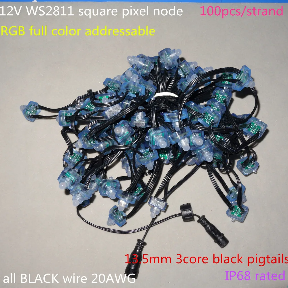 

100pcs/set square DC12V addressable WS2811 led smart pixel node,RGB full color;all BLACK 20AWG)wire,IP68;with 13.5mm pigtail