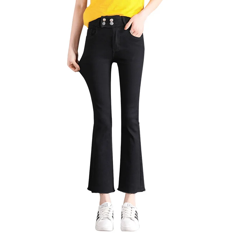 Denim Jeans Women Skinny Stretch High Waist Casual Scratched Bleached Wide Leg Pants Slim Button Ankle-Length Female Fashion |