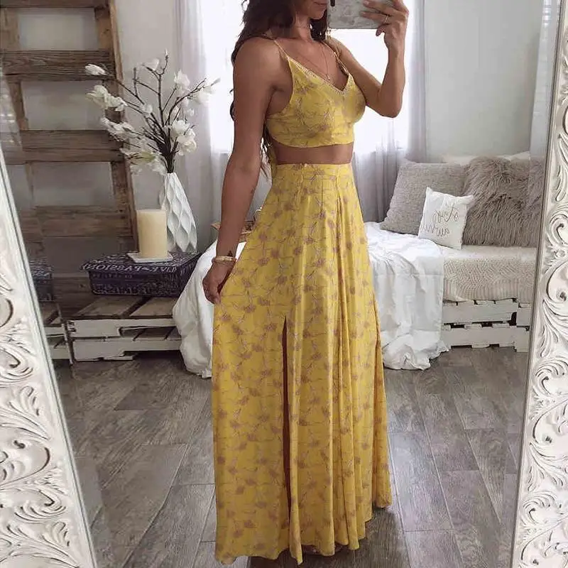 Летний женский комплект 2 шт. костюм желтый топ с принтом комплекты юбок пляжный