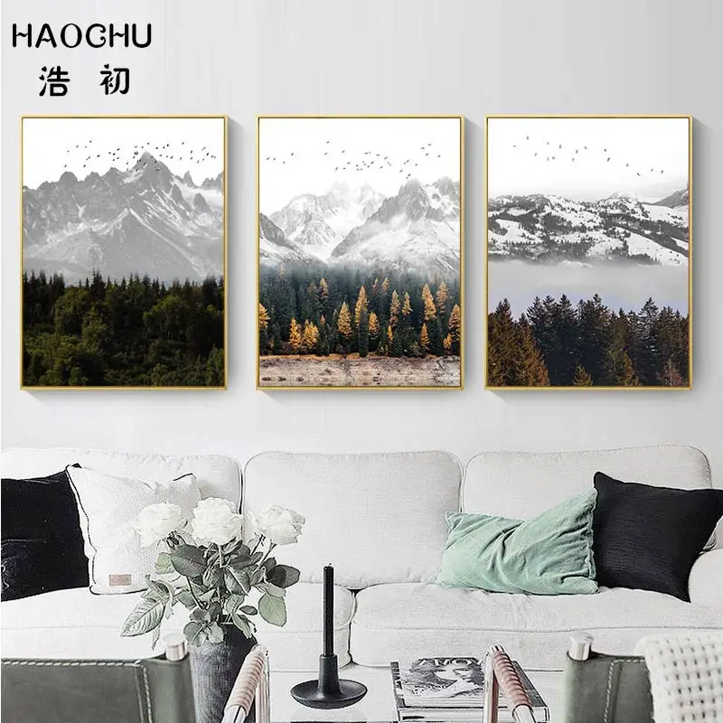 HAOCHU настенный плакат с изображением снега горного кустарника леса птицы