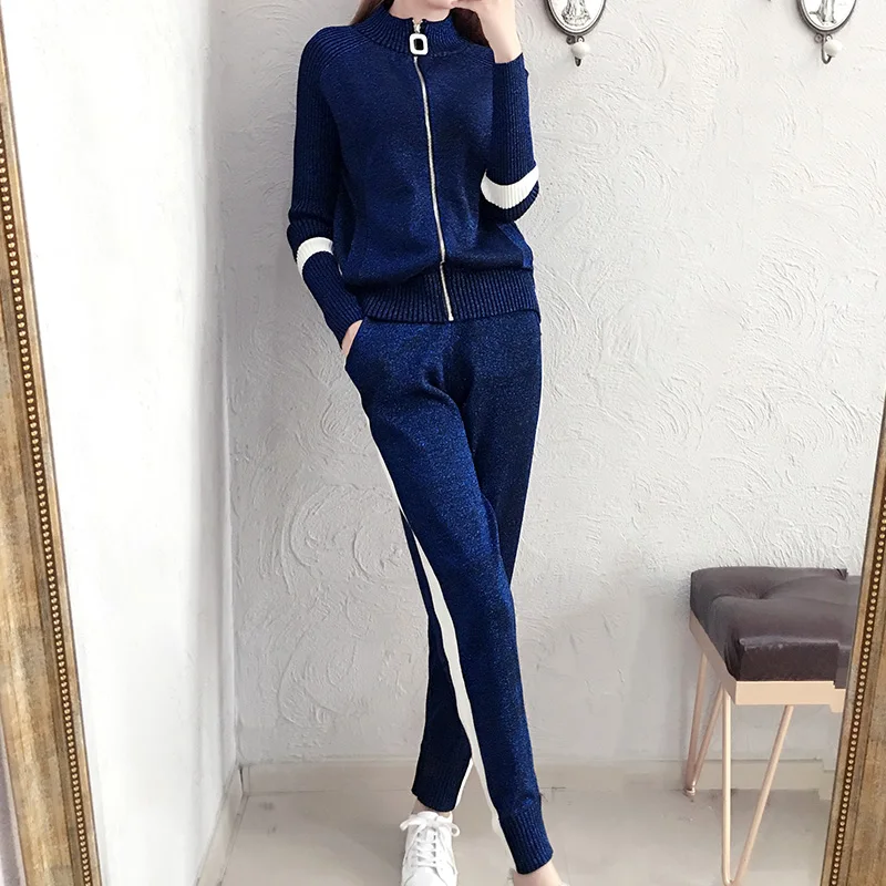 Fashion knit sweater casual suit spring and autumn new women's Korean fashion Slim sweater pants two sets