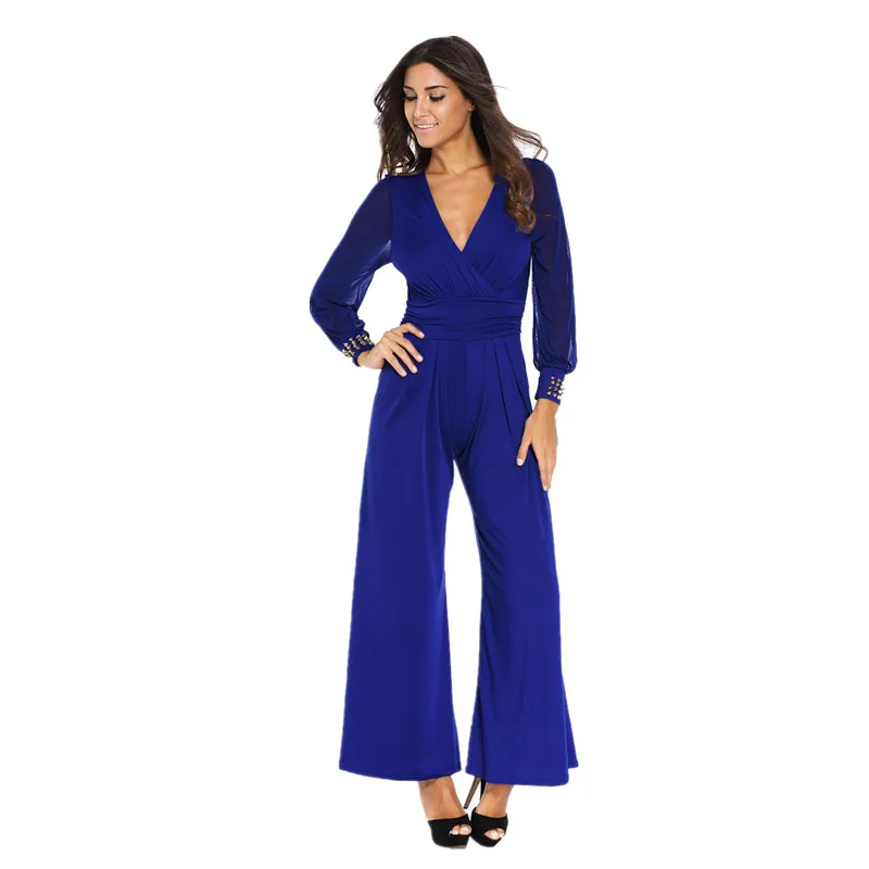 Женская мода Комбинезон с Длинными рукавами V воротник кружева шить Сиамские