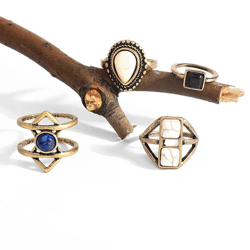 WILD&ampFREE Vintage Bho 4 pcs Ring Set For Women Punk Style Antique Gold Multicolor Stone Beads Turkish Knuckle Rings Party GifT |