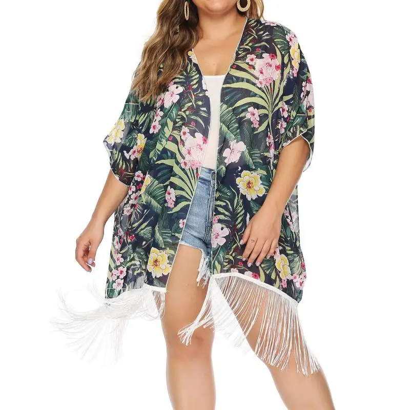 Женская свободная Длинная блузка Кардиган большого размера с вышивкой и