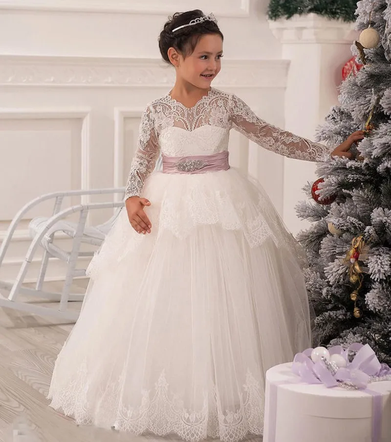 Glitz Floor-length Crystal Open Back Long Sleeves Bow Ruffles Princess Christmas Girl Wedding Dresses Kids Communion  Ball Gown