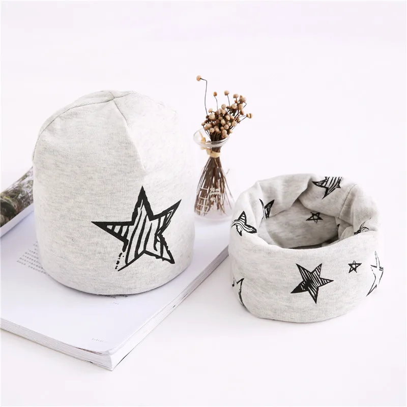star grey Модный детский комплект из шапки и шарфа с принтом со звездой; милая шапка с совой и лебедем для девочек; хлопковый шарф для мальчиков; детская шапка; комплект из шапки и шарфа для маленьких девочек - Цвет: star grey
