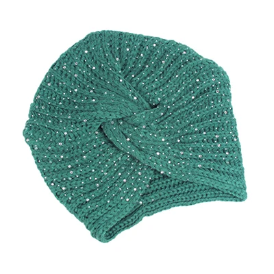 Muslim Full Star Drill Winter Hat Warm Cross Knit Cap Beanie Sleep Chemo Turban Headwear Cancer Patients - Цвет: Green