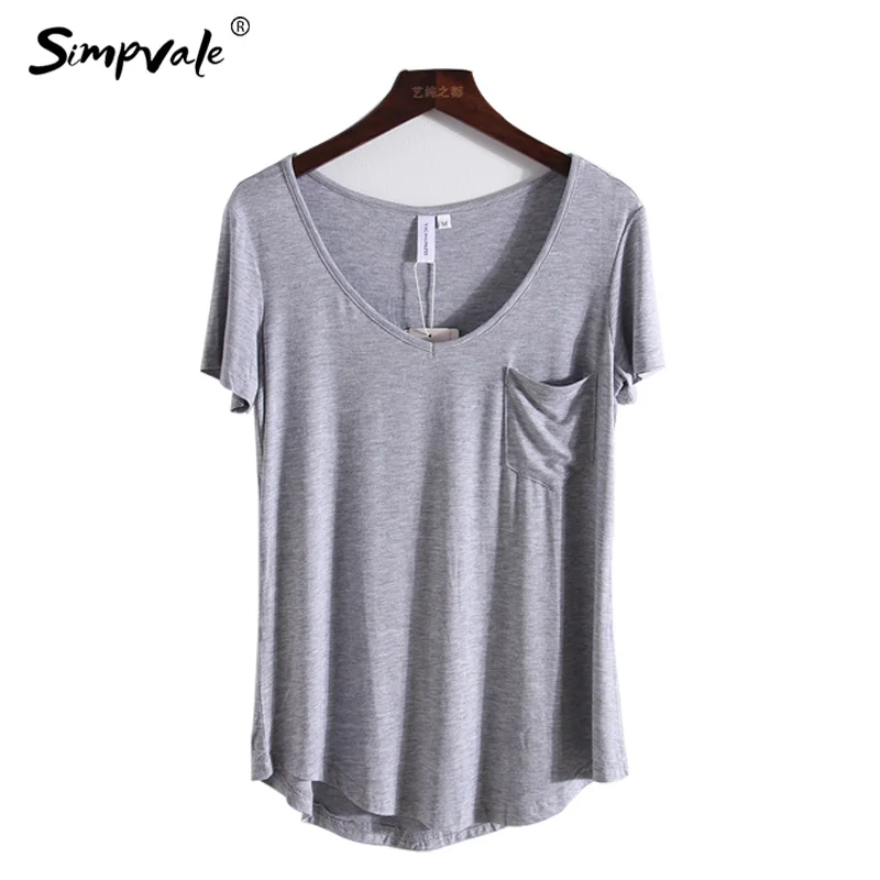 SIMPVALE женские тонкие однотонные свободные короткие футболки с v-образным вырезом