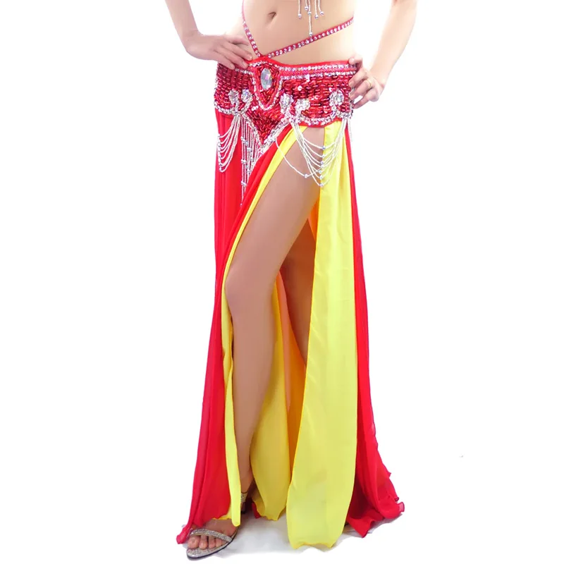 Женский костюм для танца живота Двухслойная юбка с разрезом сбоку 9 цветов
