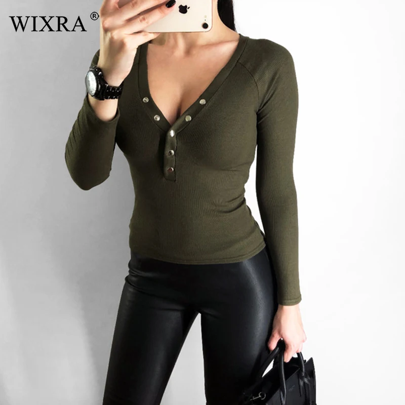 Женские базовые хлопковые футболки Wixra повседневные топы с длинным рукавом и v