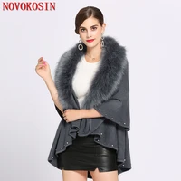 winter knitted sweater big faux fox fur neck cardigan poncho warm thick beading solid coat 2018 women casual loose shawl