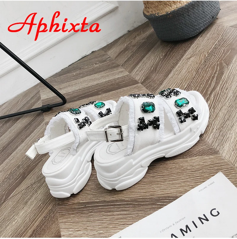 Aphixta Туфли на платформе и танкетке для дамские босоножки «Бриллиантовые» туфли Для женщин ткань Стразы с украшением в виде кристаллов Римские сандалии для девочек