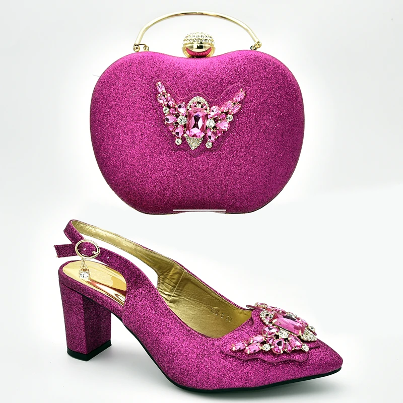 Fuchsia Новые модные итальянские туфли с сумочкой в комплекте для женщин; свадебные комплекты из туфель и сумочки; Итальянские женские Босоножки на каблуке; вечерние туфли-лодочки - Цвет: Fuchsia