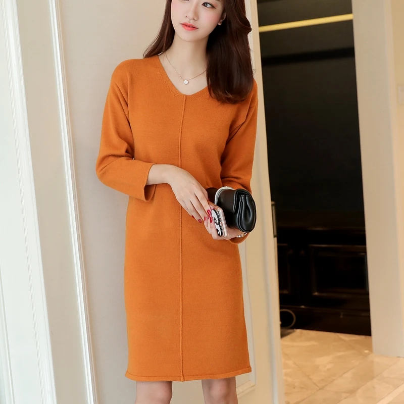 2017 Korean winter women's new poetry Jiaɾn cocoon knit dress female V collar in the long section of loose sweater | Женская