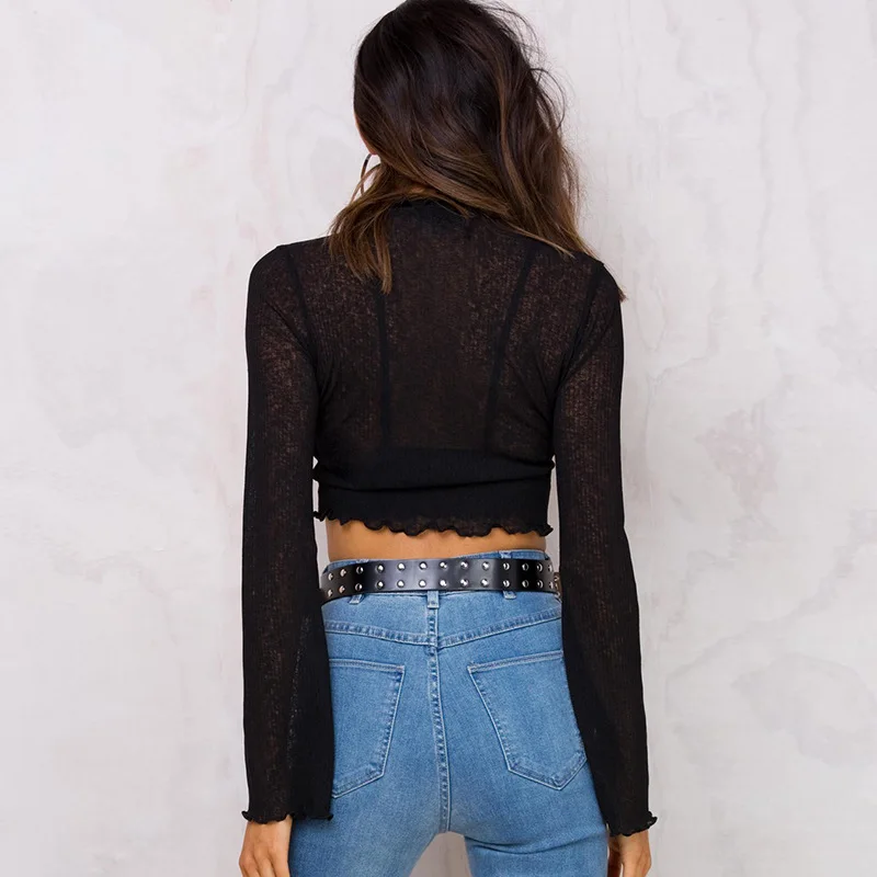 Trendy Womens Crop Tops Flare Loose Long Sleeve T-Shirt Turtleneck Thin Tee Top | Женская одежда