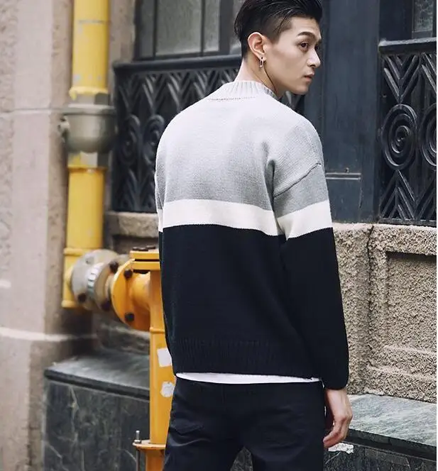 Patchwork knit sweater korean men fashion clothing mens pullover sweaters erkek kazak pull homme black green grey pink | Мужская одежда