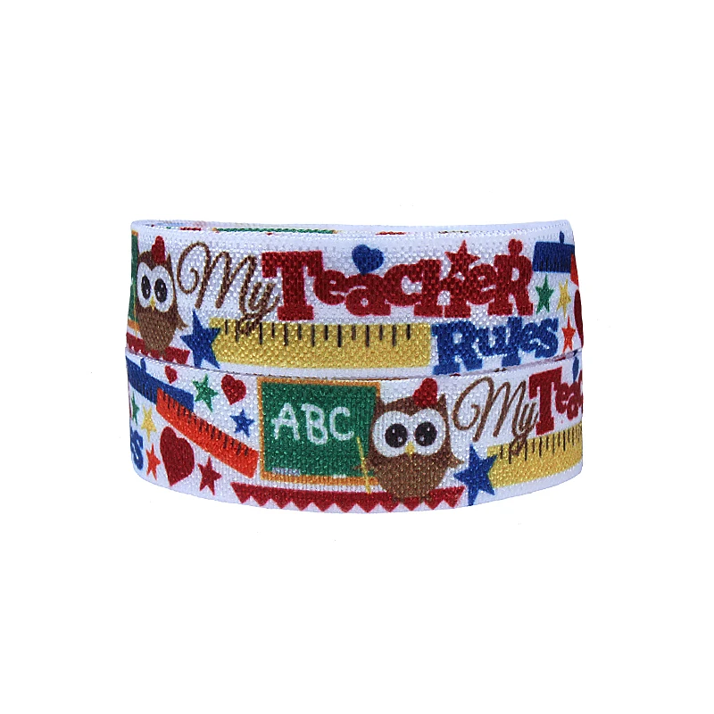 

Factory new design owl printed foe ribbon, wholesale 5/8" cartoon character fold over elastic for school kids