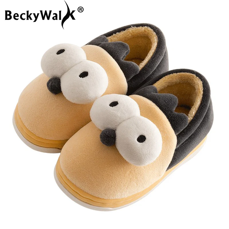 BeckyWalk/зимние хлопковые детские тапочки; домашняя обувь для мальчиков и девочек; плюшевые теплые тапочки для детей; обувь для малышей; CSH693