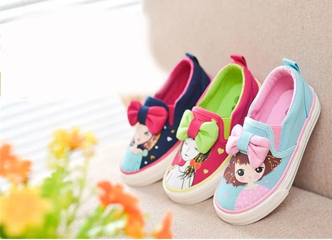 

NEW Kids canvas shoes cartoon cute Children Sneakers Bowknot Baby Girls Princess Shoes Denim Polka Dot Flat shoes for Girls