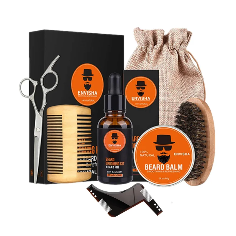 7 pcs beard set ALIVER 7 шт./компл. Для мужчин борода комплект инструмент для укладки волос бороды Bib фартуки бальзам масло для бороды гребень увлажняющий воск для укладки волос Ножницы Уход за бородой комплект - Цвет: 7 pcs beard set