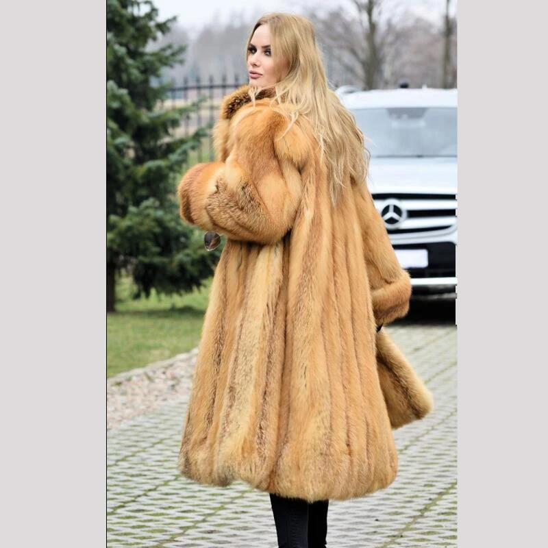 Новинка 2019 длинное пальто из натурального меха Красной лисы куртка Лисьего с