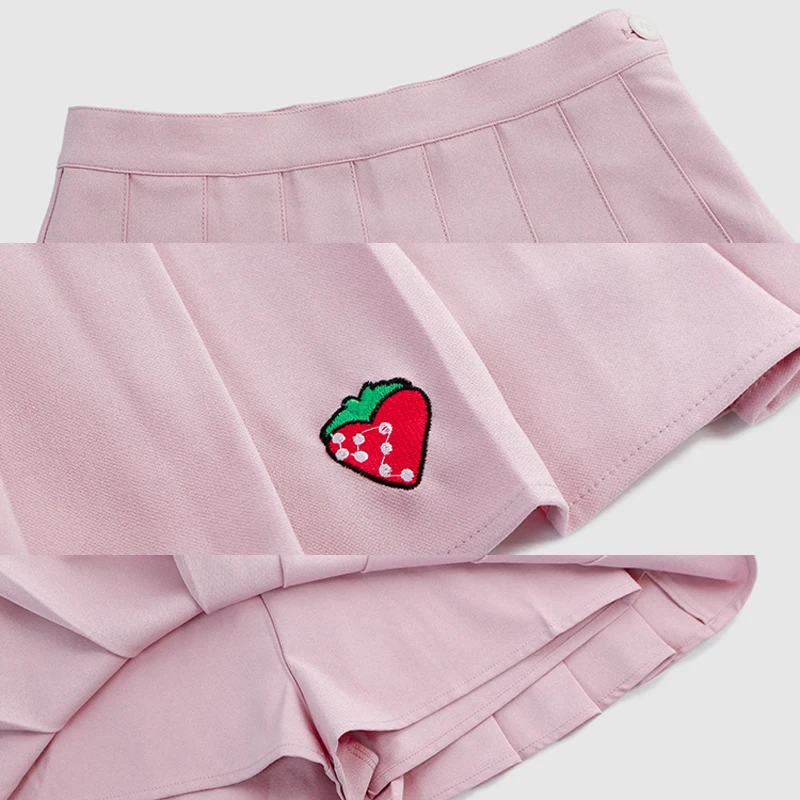 XS-XXL пять Цвет Симпатичные Клубника вышивка Для женщин юбка Высокая Талия трапециевидной формы студент плиссированные юбки Sweet Girls мини-юбка лето