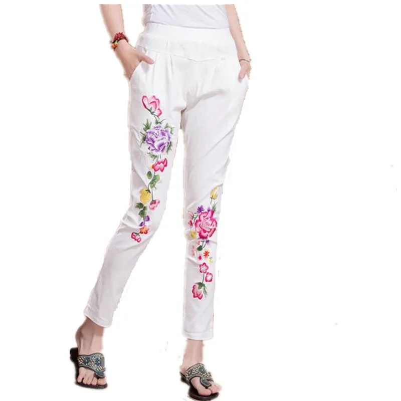 Брюки-султанки женские в этническом стиле модные штаны с цветочной вышивкой