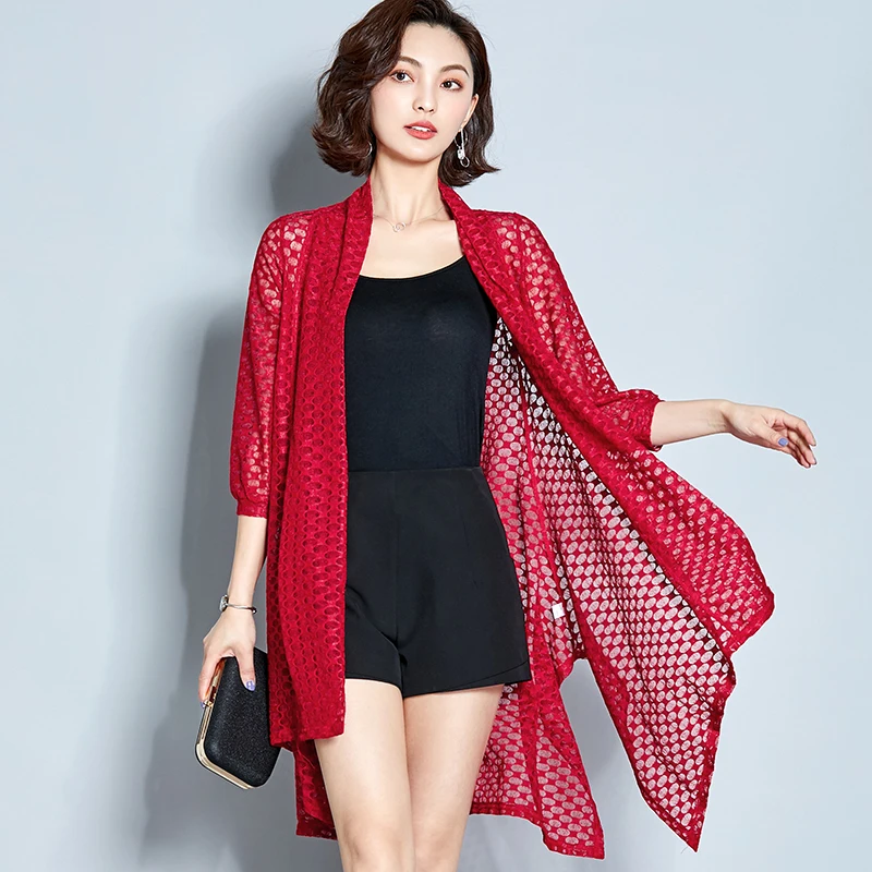 women clothes 2019 hollow wild cardigan summer long coat mid length sunscreen korean style lace mesh woman new |
