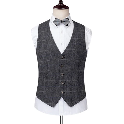 Grey plaid Серый клетчатый твидовый жилет с узором в елочку тонкий мужской Британский осенний костюм жилеты формальный костюм без рукавов пиджак Мужская одежда свадебный жилет - Цвет: Grey plaid