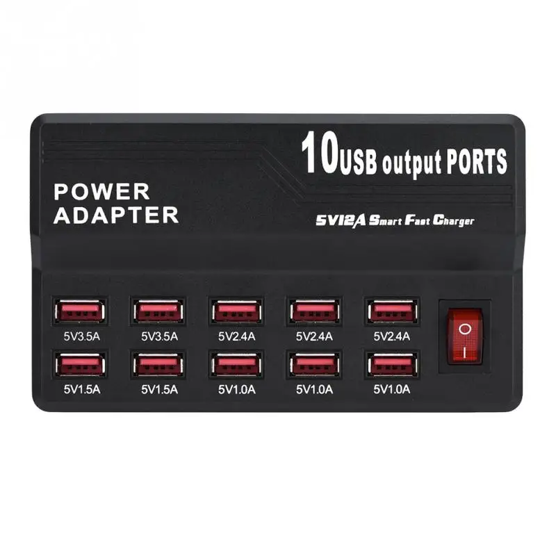 Многопортовое зарядное устройство 10 USB 5V 12A мощность 60 Вт быстрая зарядная