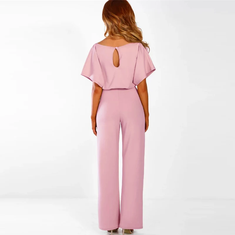 

Newly Ladies Jumpsuits Solid Color Loose Wide Sleeve Strappy Waist Jumper for Summer m99