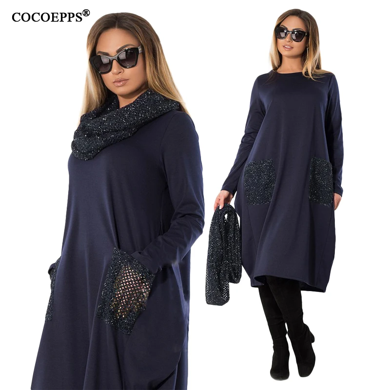 COCOEPPS 6XL БОЛЬШОЙ РАЗМЕР нагрудник женское платье Свободный Длинный рукав карман зимнее платье размера плюс Женская одежда Женская повседневная Vestidos