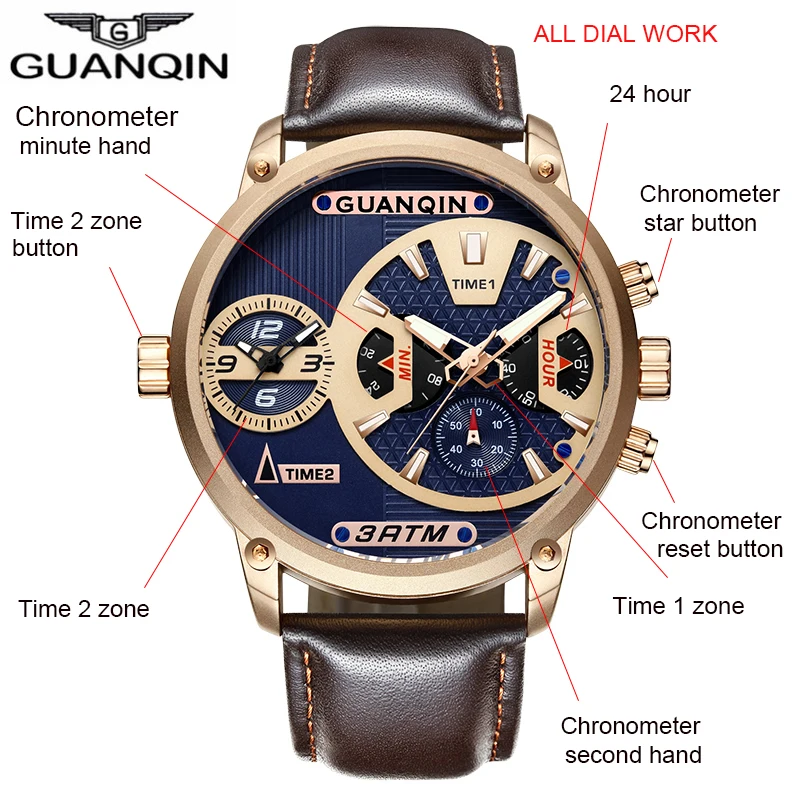 GUANQIN Relogio Masculino военные мужские часы многофункциональные часы мужские спортивные хронометр большой циферблат наручные кварцевые часы A