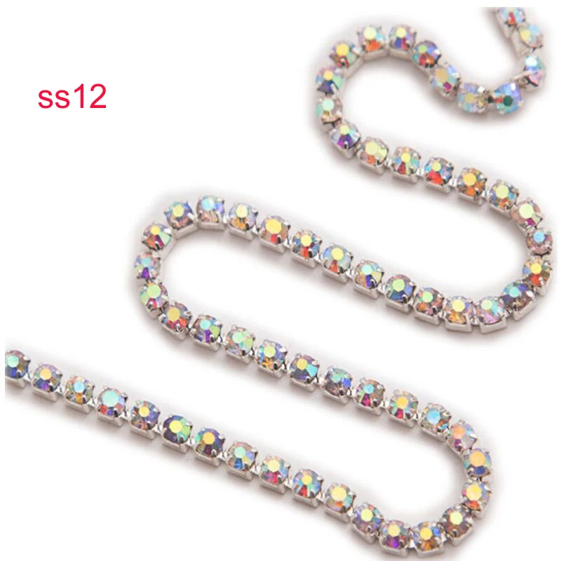 ss12 ab silver URORU Crystal AB Rhinestone Chain DIY Sew On Gold Base Density Trim Metal Cup Chains Accessories ss6 10yards/lot AM TAIDIAN - Цвет: ss12 ab silver